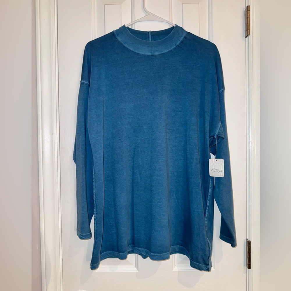 Free People *New* turquoise Bluish Green color Long Sleeve high collar Tee Shirt - Picture 2 of 11